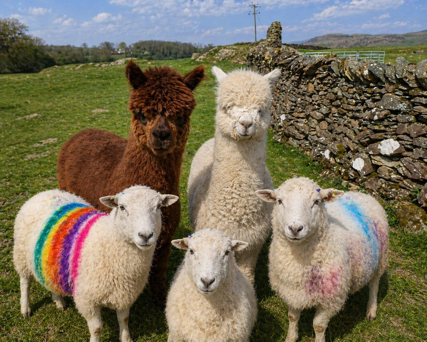 Rainbow sheep and alpacas at Peacock's Farm in the Lake District